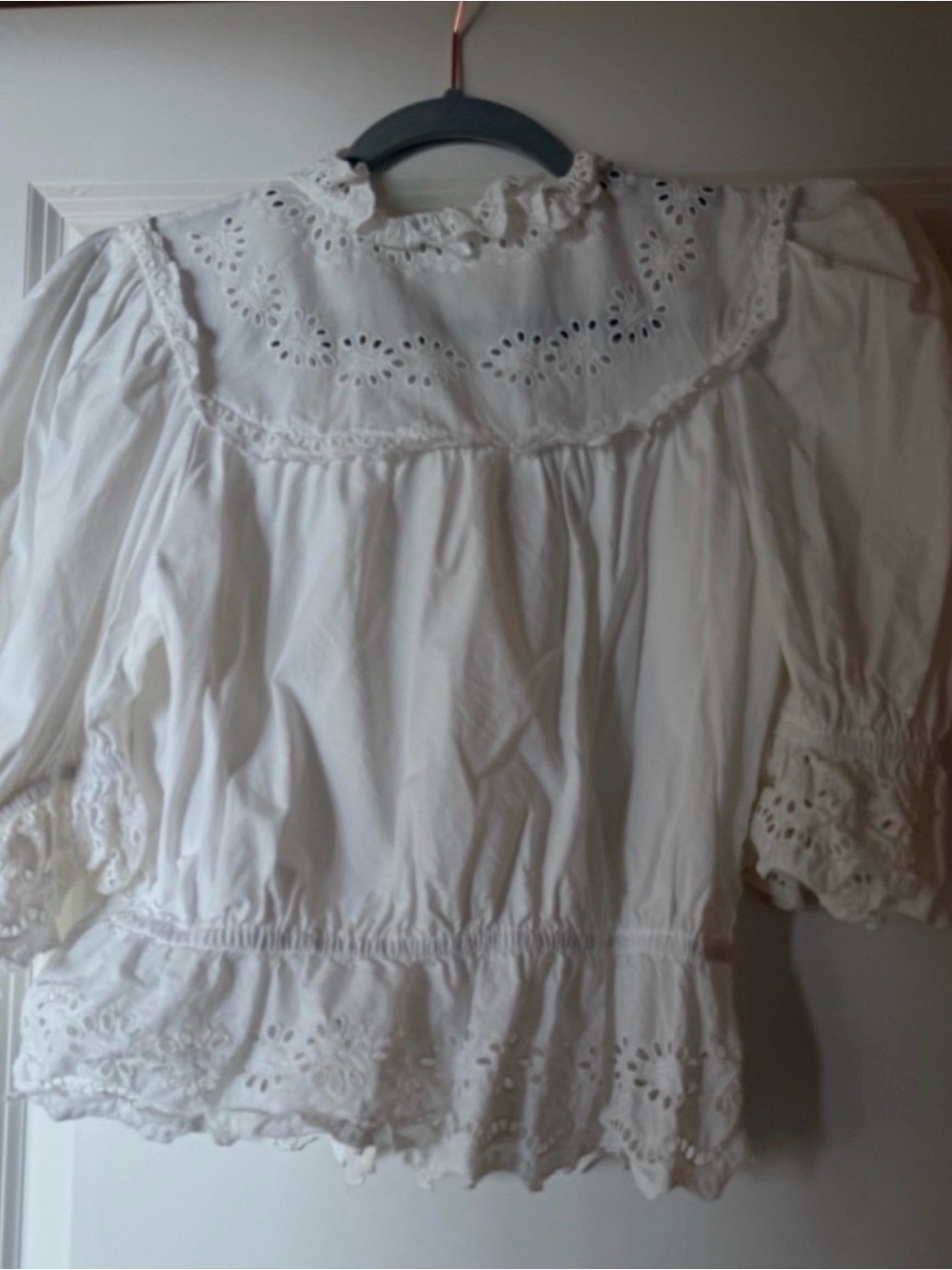 (Re-posh) Cotton Tie-Front Eyelet Peasant Blouse in White- Romantic Lace Detail - Picture 2 of 2